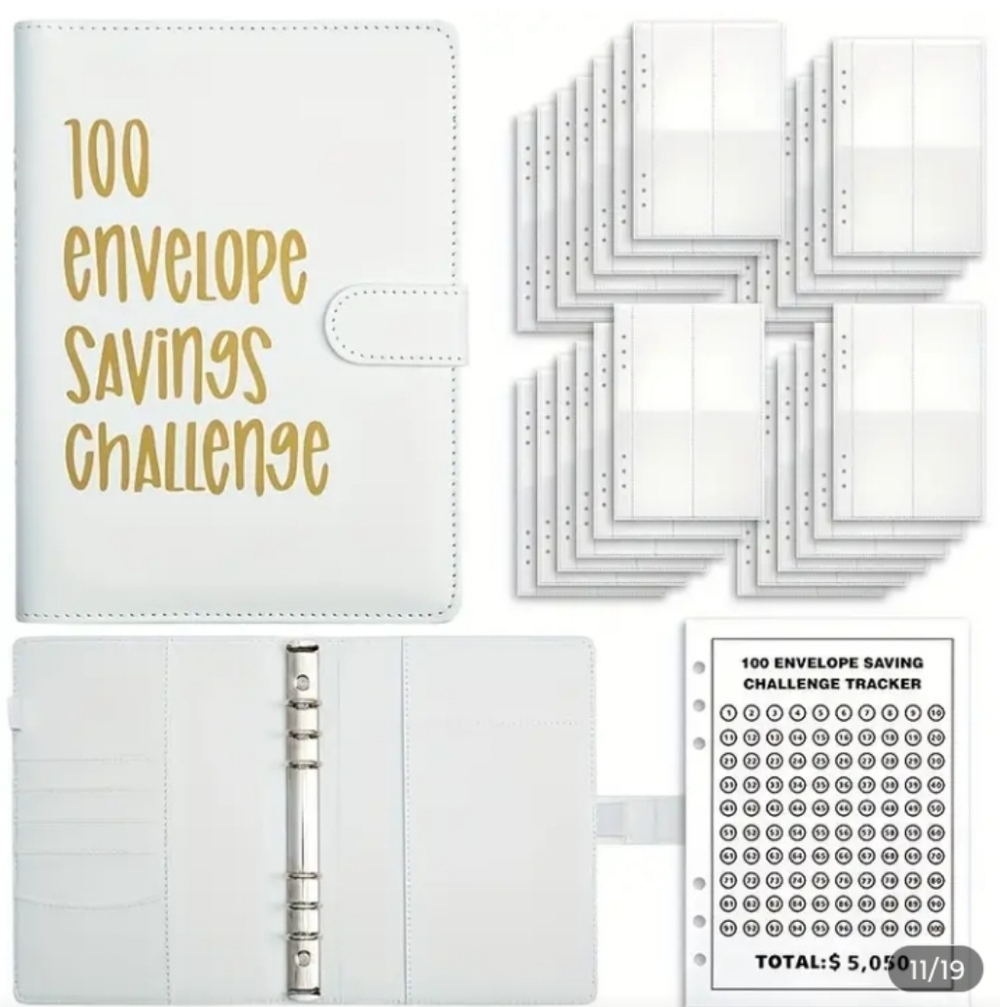 Budget Planner 100 Envelope Savings Challenge Binder - White And Gold